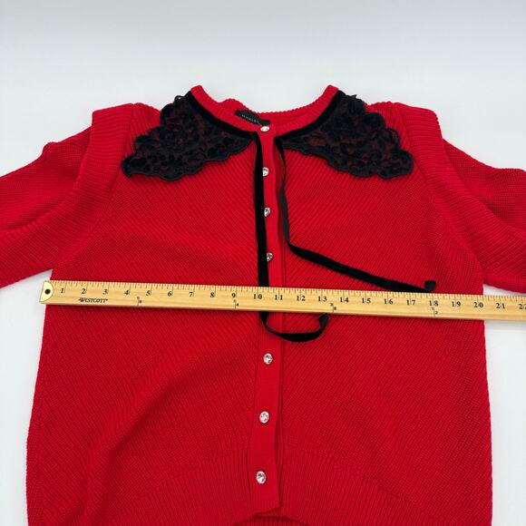 H HALSTON Womens Lace Yoke Wool Blend Cardigan Size L Red Black Whimsygoth - Picture 7 of 8